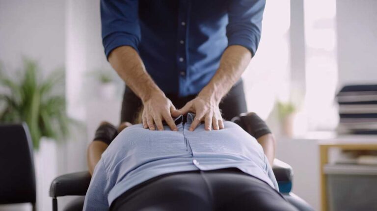 A chiropractor guiding a patient through a simple stretching exercise in a well-lit community clinic.